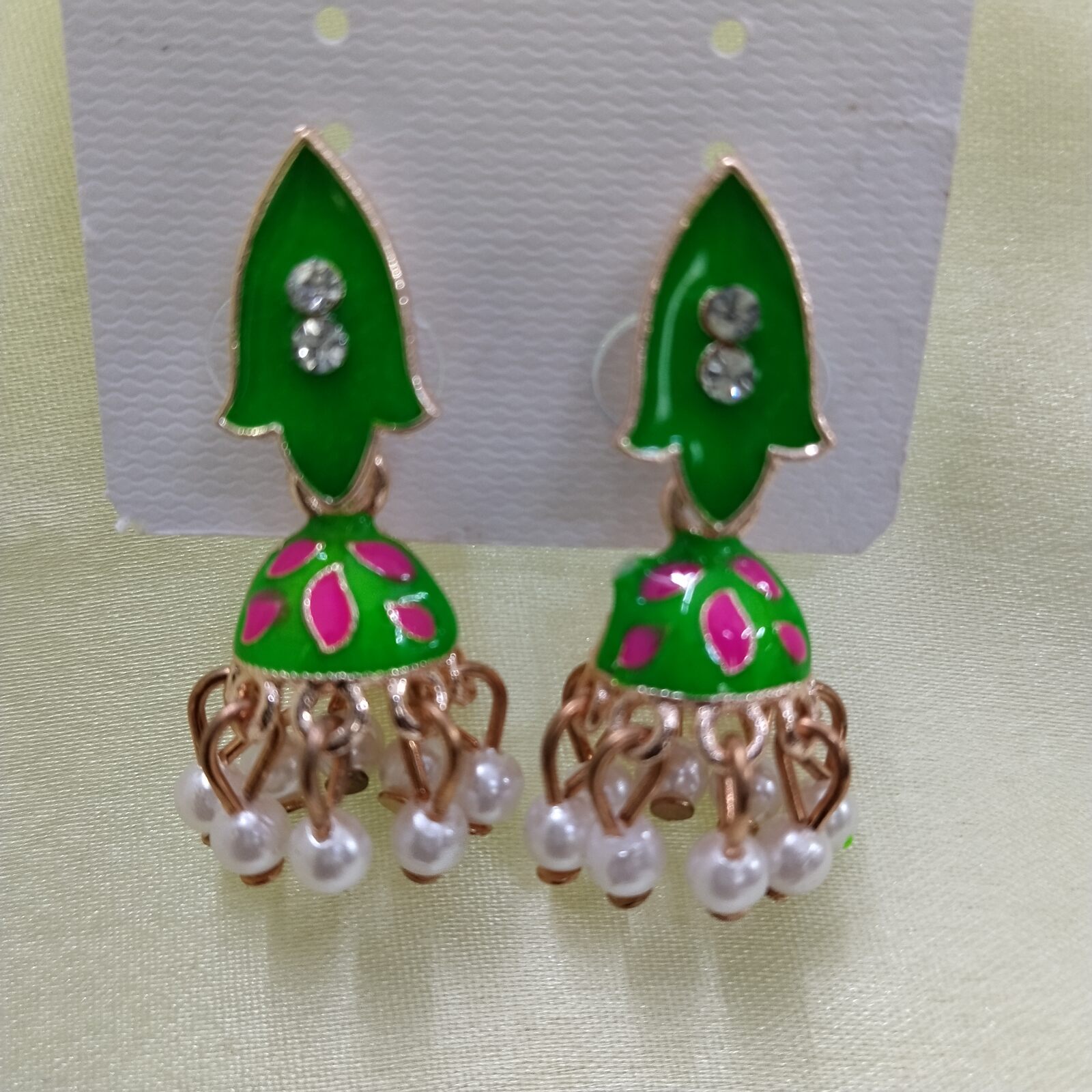 Hand Painted Jhumki Green & Pink